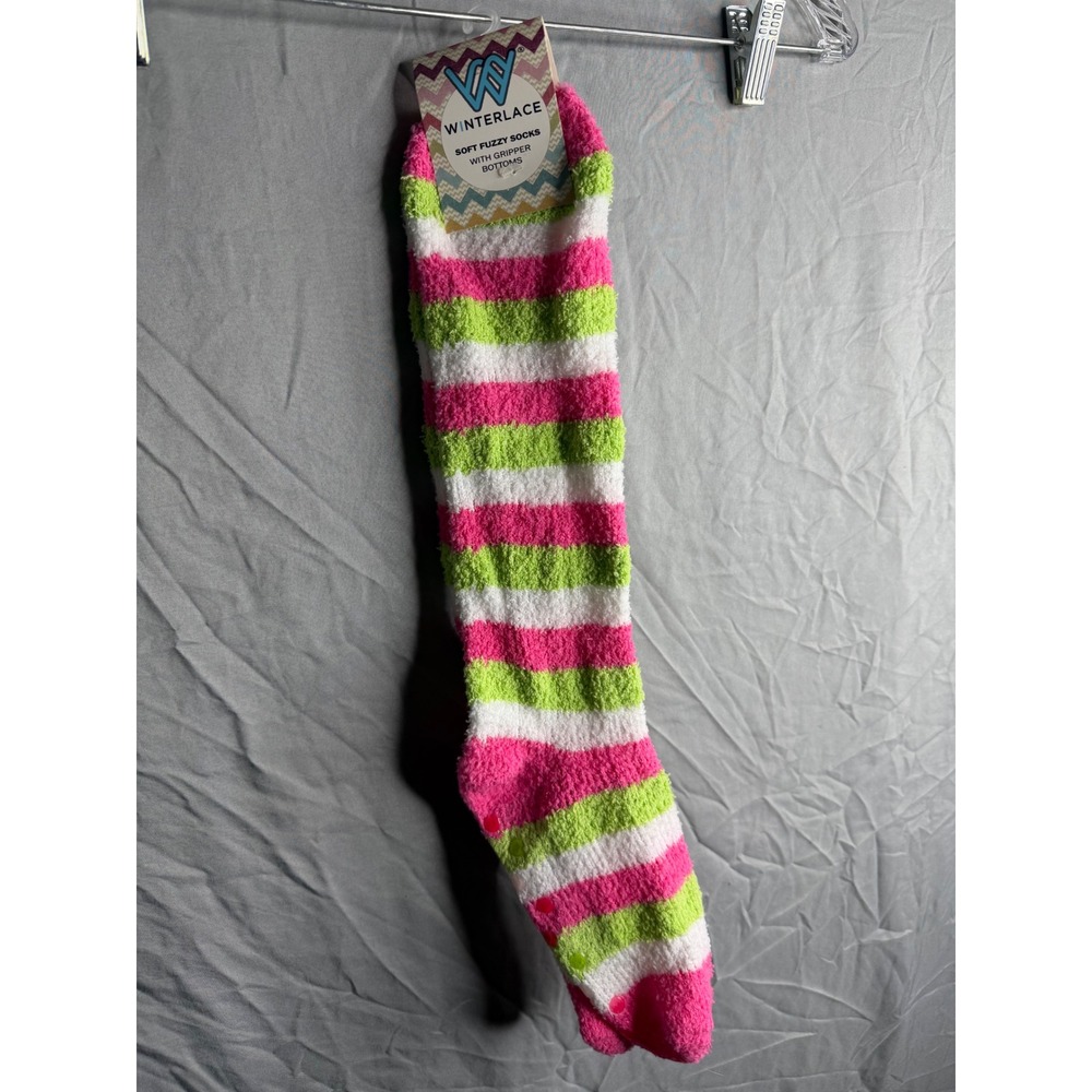 Winterlace Pink Green White Striped Fuzzy Socks Non-Slip Gripper Bottoms NWT